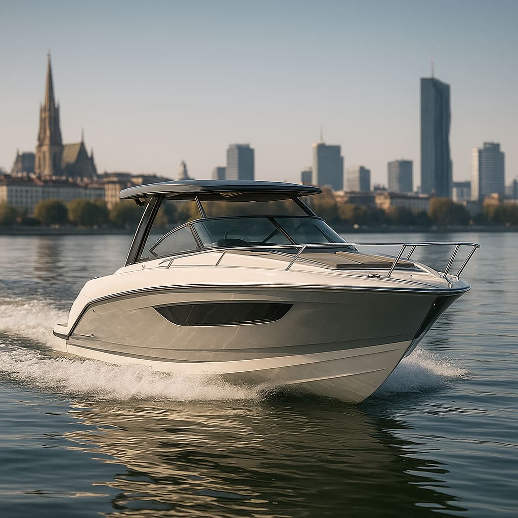 Modernes Motorboot auf der Donau in Wien